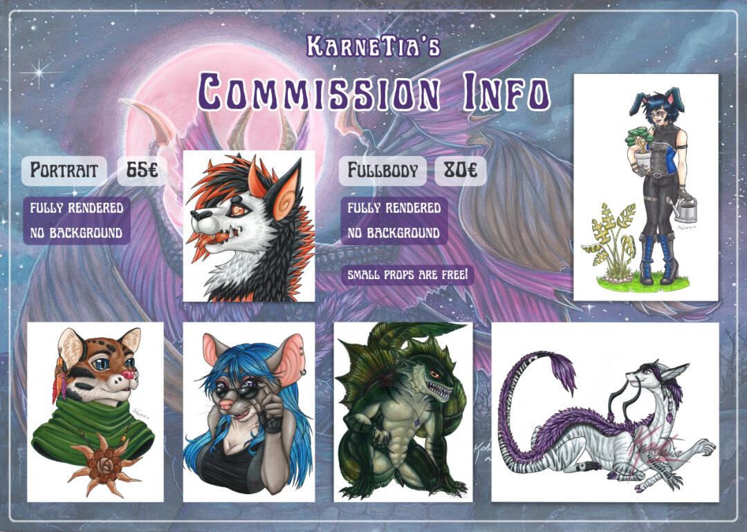 Commission price list with image examples of several creatures and humanoids